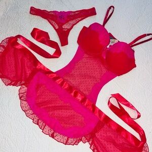 Victoria’s Secret 2 Pc Basque French Maid Polkadot Mesh/Lace Panty Set